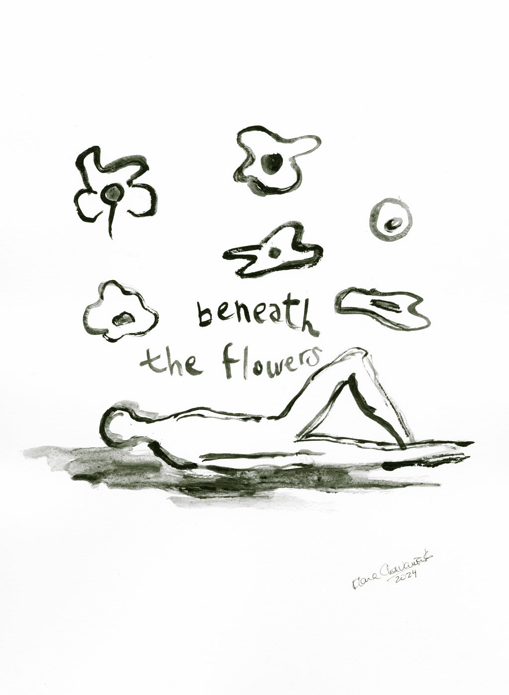 BENEATH THE FLOWERS (Debajo de las Flores), original painting by Klara Chavarría, ink on paper, 2024