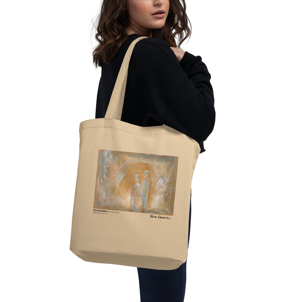 CONVERSATION Eco Tote Bag – Oyster – back, carried on model