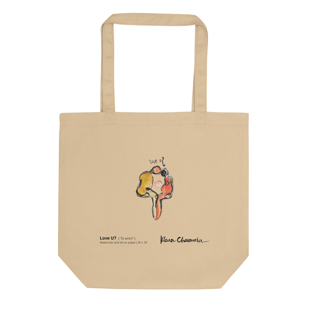 Oyster eco tote with a watercolor of two figures in yellow and red leaning together, LOVE U? by Klara Chavarría