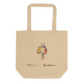 Oyster eco tote with a watercolor of two figures in yellow and red leaning together, LOVE U? by Klara Chavarría