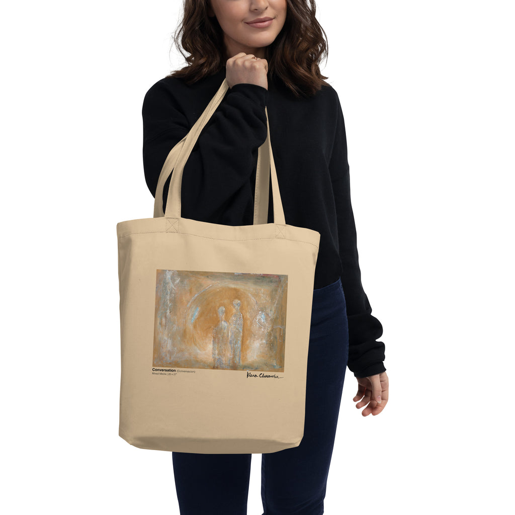 CONVERSATION Eco Tote Bag – Oyster – front, carried on model