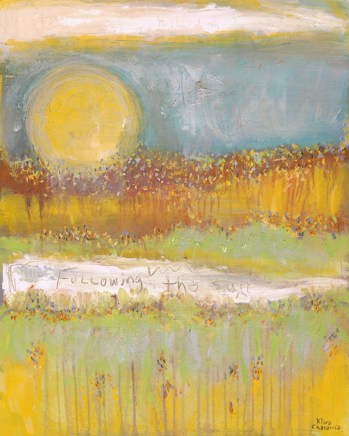 FOLLOWING THE SUN (Siguiendo al Sol), original painting by Klara Chavarría, acrylic and ink on canvas, 2022-2024