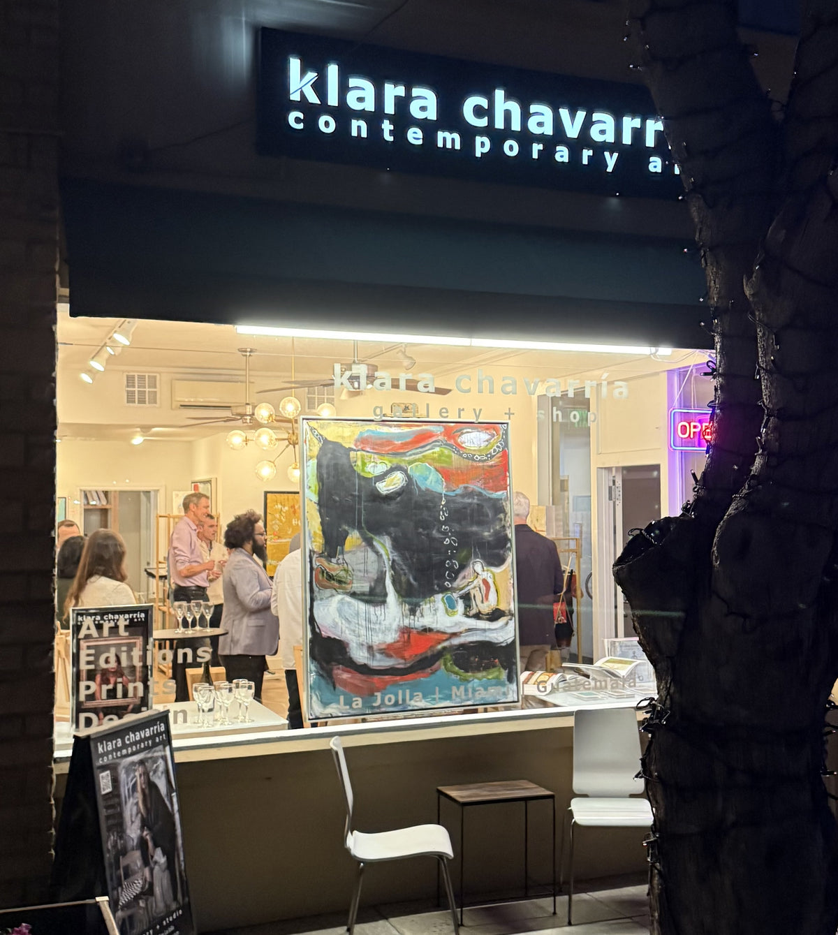 Klara Chavarría Contemporary Art gallery storefront at night