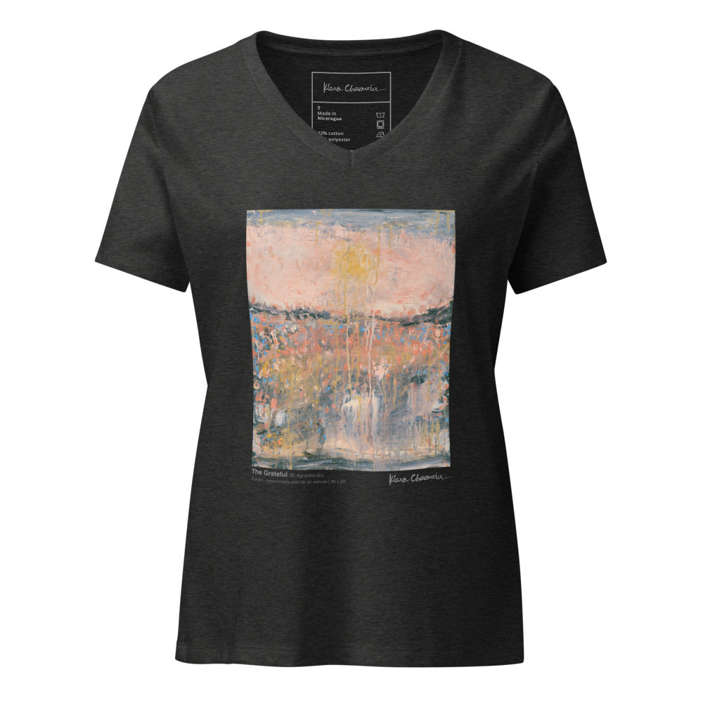THE GRATEFUL V-neck tee – Dark Grey Heather – front, shaped as worn