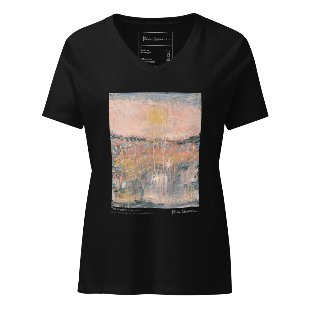 THE GRATEFUL V-neck tee – Solid Black Blend – front, shaped as worn