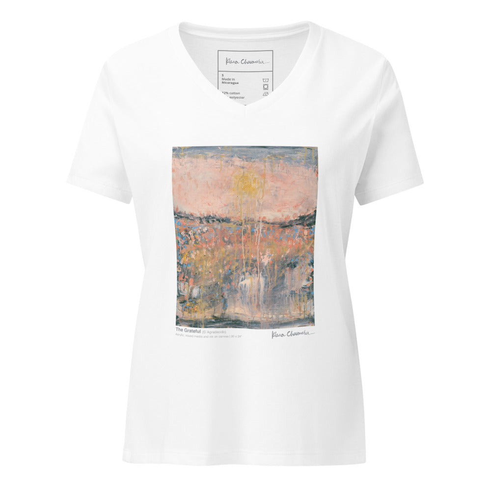 THE GRATEFUL V-neck tee – Solid White Blend – front, shaped as worn