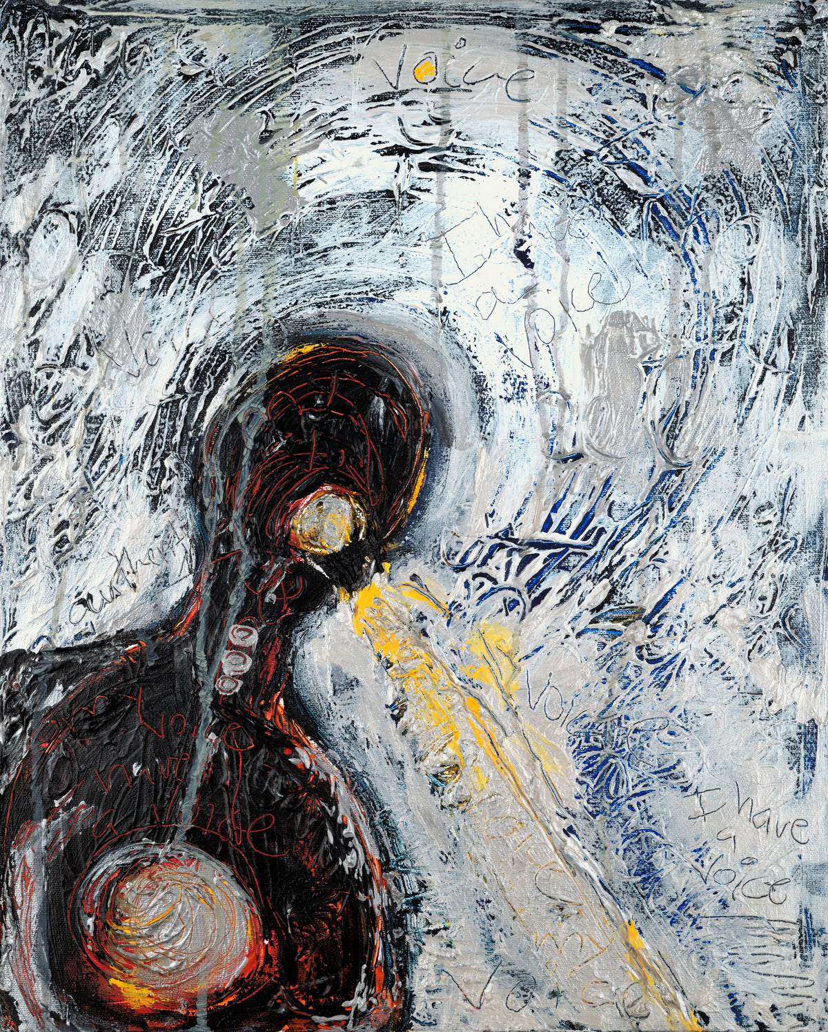 I HAVE A VOICE (Yo Tengo Voz), original painting by Klara Chavarría, mixed media on canvas, 2012