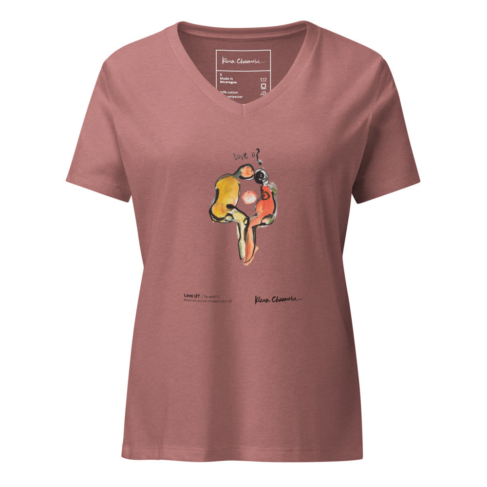 LOVE U? V-neck tee – Heather Mauve – front, shaped as worn