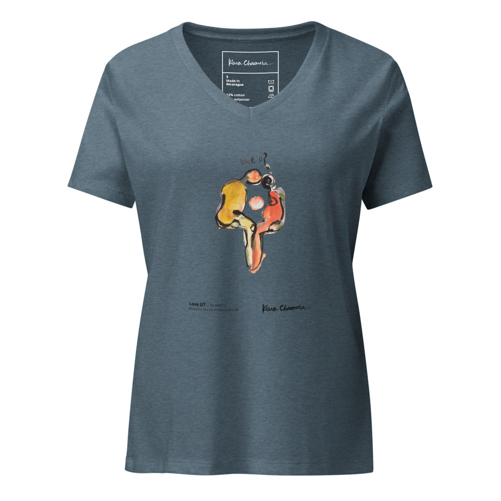 LOVE U? V-neck tee – Heather Slate – front, shaped as worn