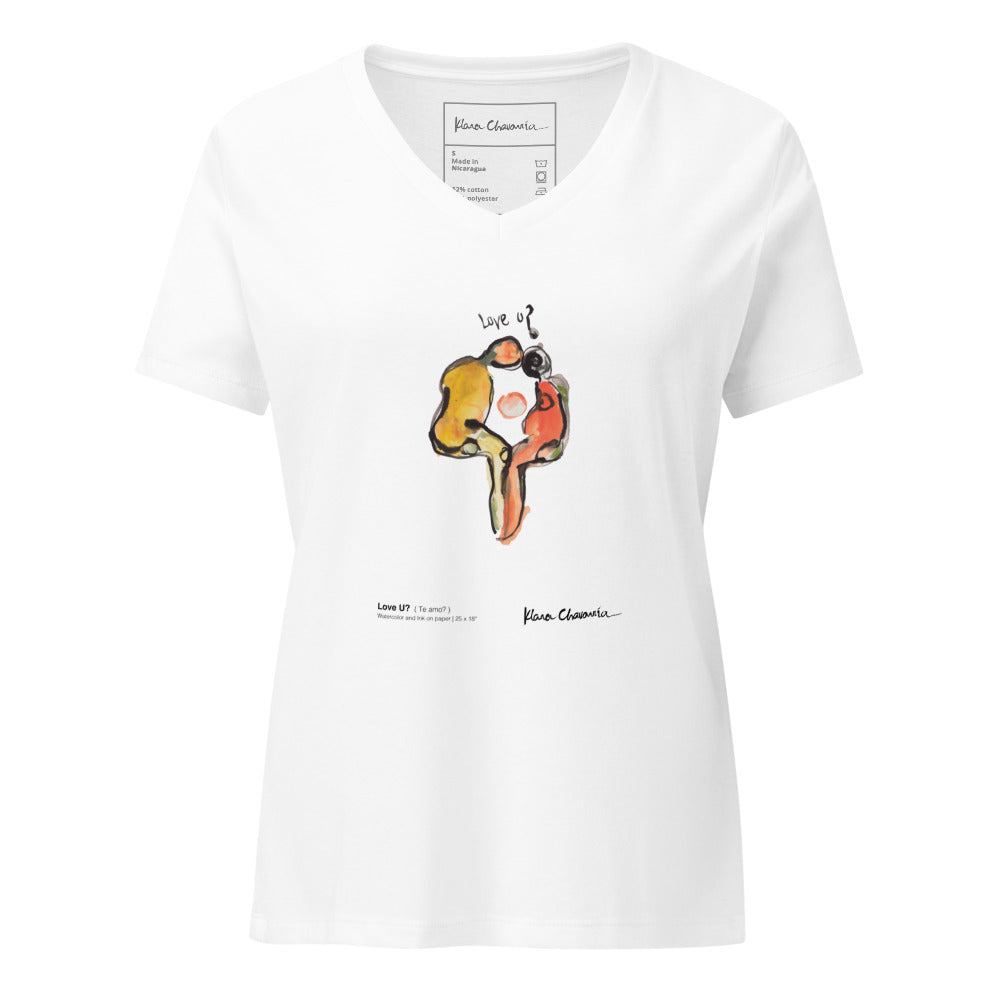 LOVE U? V-neck tee – Solid White Blend – front, shaped as worn