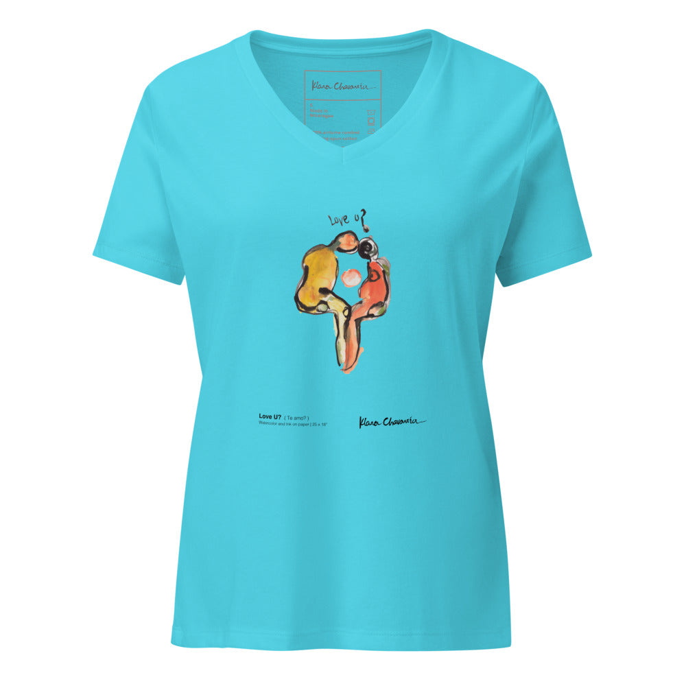 LOVE U? V-neck tee – Turquoise – front, shaped as worn
