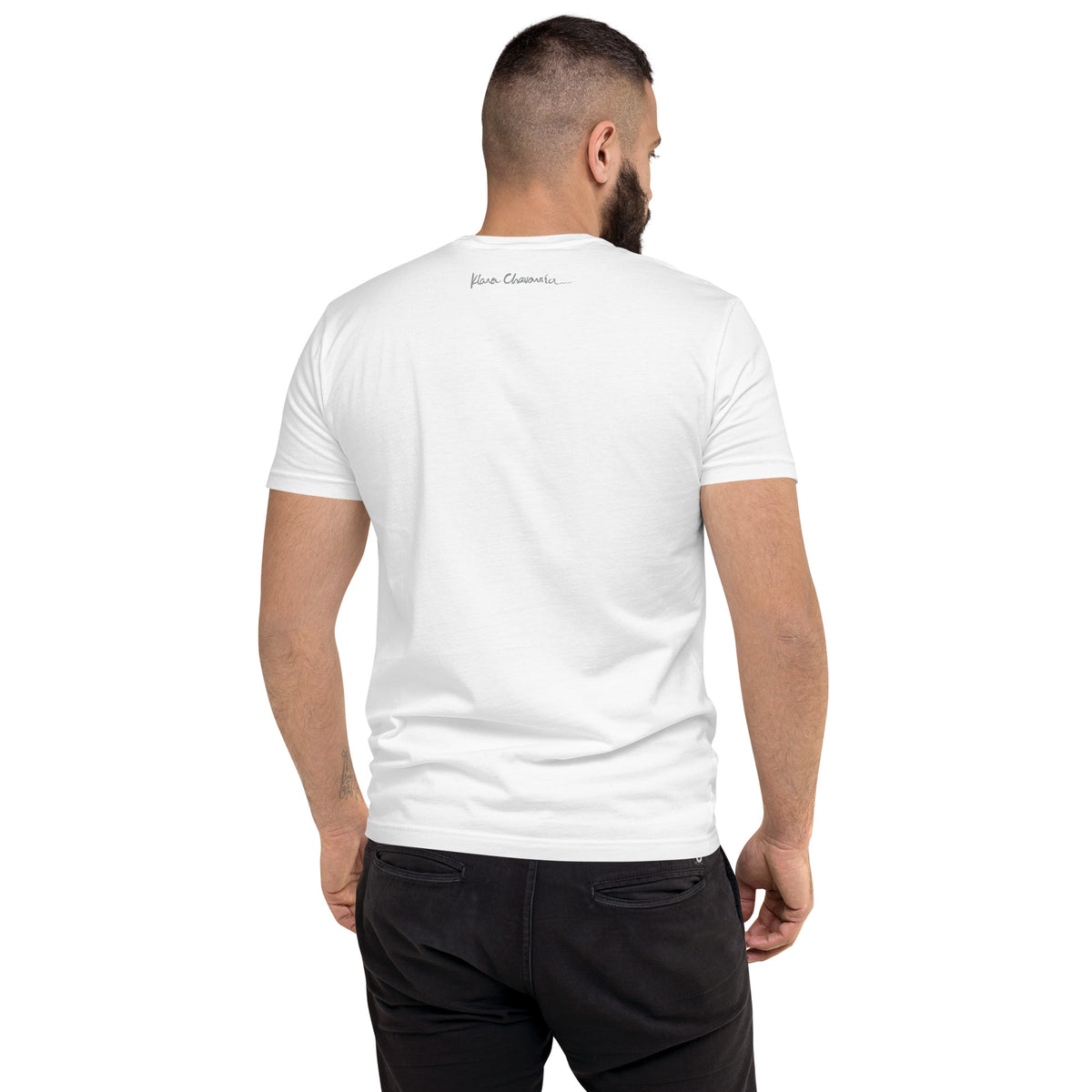 LEANING ON t-shirt – White – back on model with signature