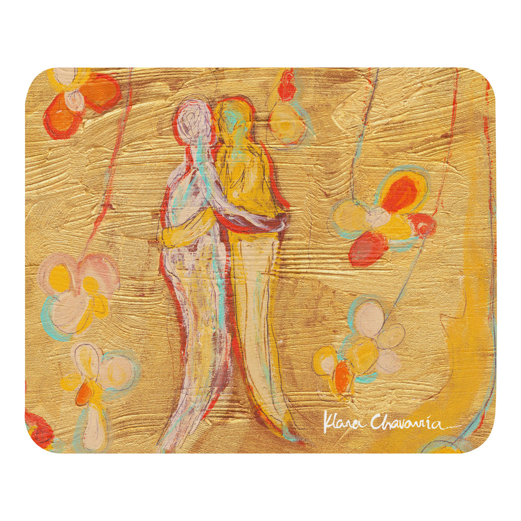 Gold mouse pad with two embracing figures in white and yellow among orange flowers, LOVE AS NATURE I by Klara Chavarría