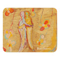 Gold mouse pad with two embracing figures in white and yellow among orange flowers, LOVE AS NATURE I by Klara Chavarría