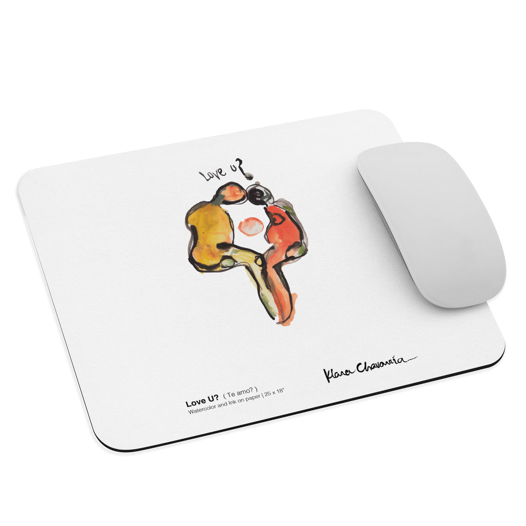 LOVE U? Mouse Pad – angled on a desk with a mouse