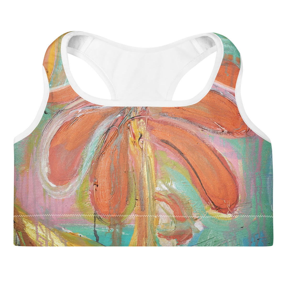 ONCE UPON A TIME... OUR STORY WITH NATURE art padded sports bra in White – flat front