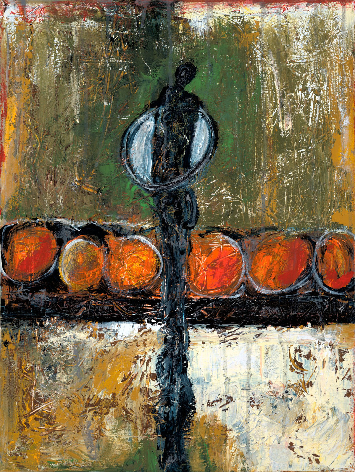 PROTECTED BY THE CIRCLE OF NO FEAR I (Protegida por el Círculo sin Miedo I), original painting by Klara Chavarría, acrylic and mixed media on canvas, 2012