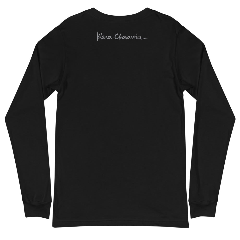 SOCIAL TRANSFORMATION unisex long sleeve tee in Black – flat back with signature, art by Klara Chavarría