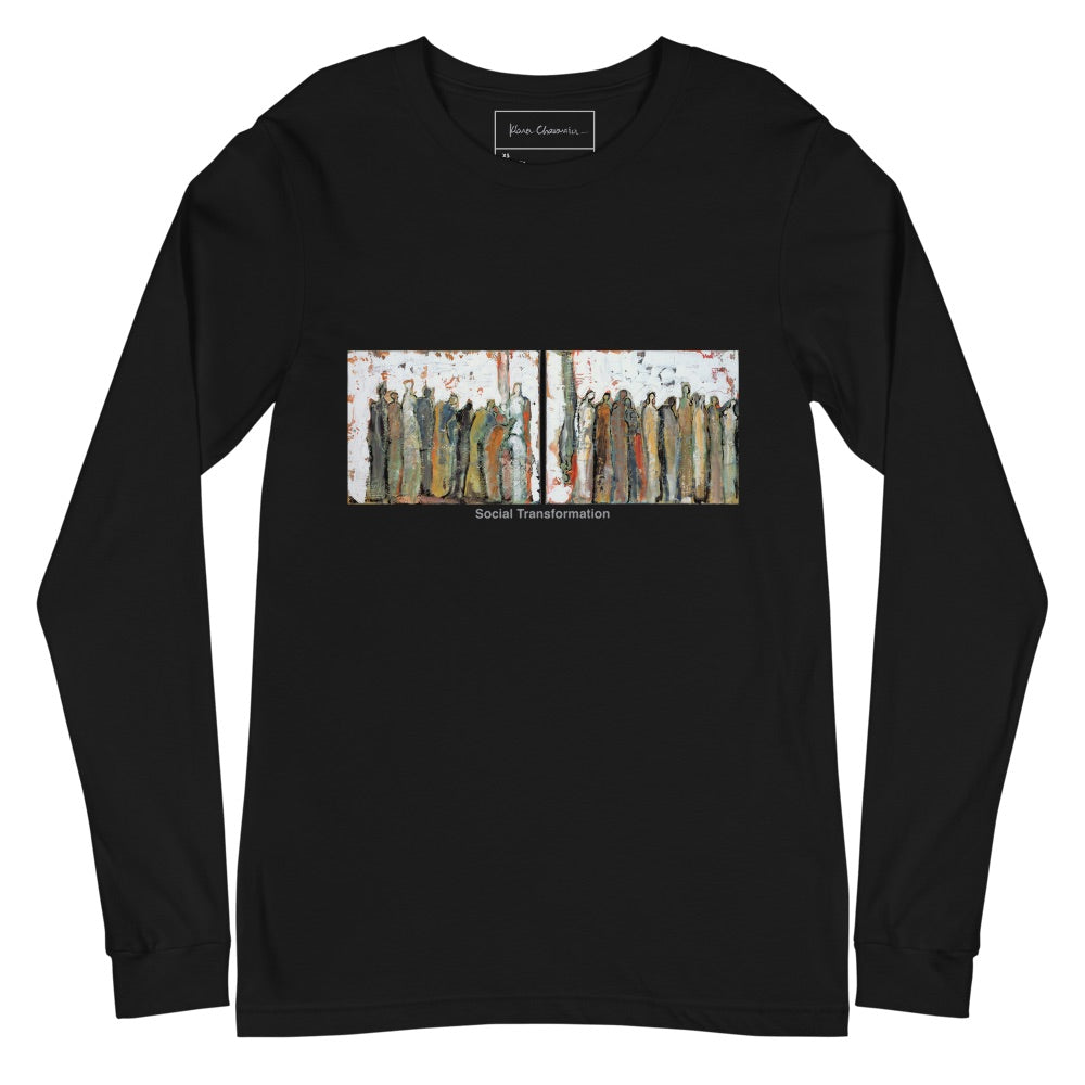 SOCIAL TRANSFORMATION unisex long sleeve tee in Black – flat front with inside label, art by Klara Chavarría