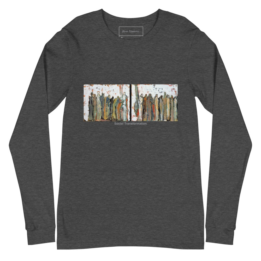 SOCIAL TRANSFORMATION unisex long sleeve tee in Dark Grey Heather – flat front with inside label, art by Klara Chavarría