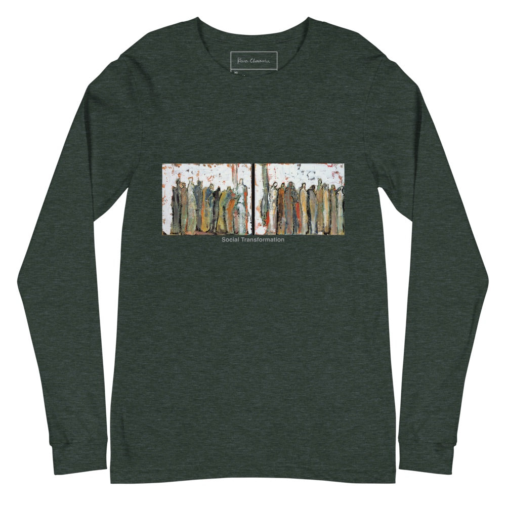 SOCIAL TRANSFORMATION unisex long sleeve tee in Heather Forest – flat front with inside label, art by Klara Chavarría