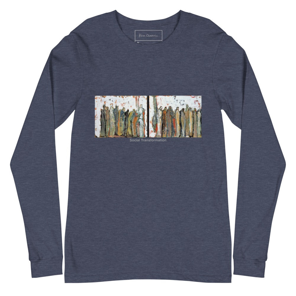 SOCIAL TRANSFORMATION unisex long sleeve tee in Heather Navy – flat front with inside label, art by Klara Chavarría