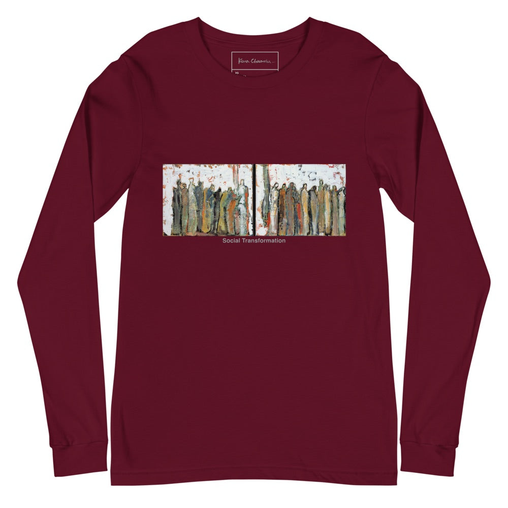 SOCIAL TRANSFORMATION unisex long sleeve tee in Maroon – flat front with inside label, art by Klara Chavarría