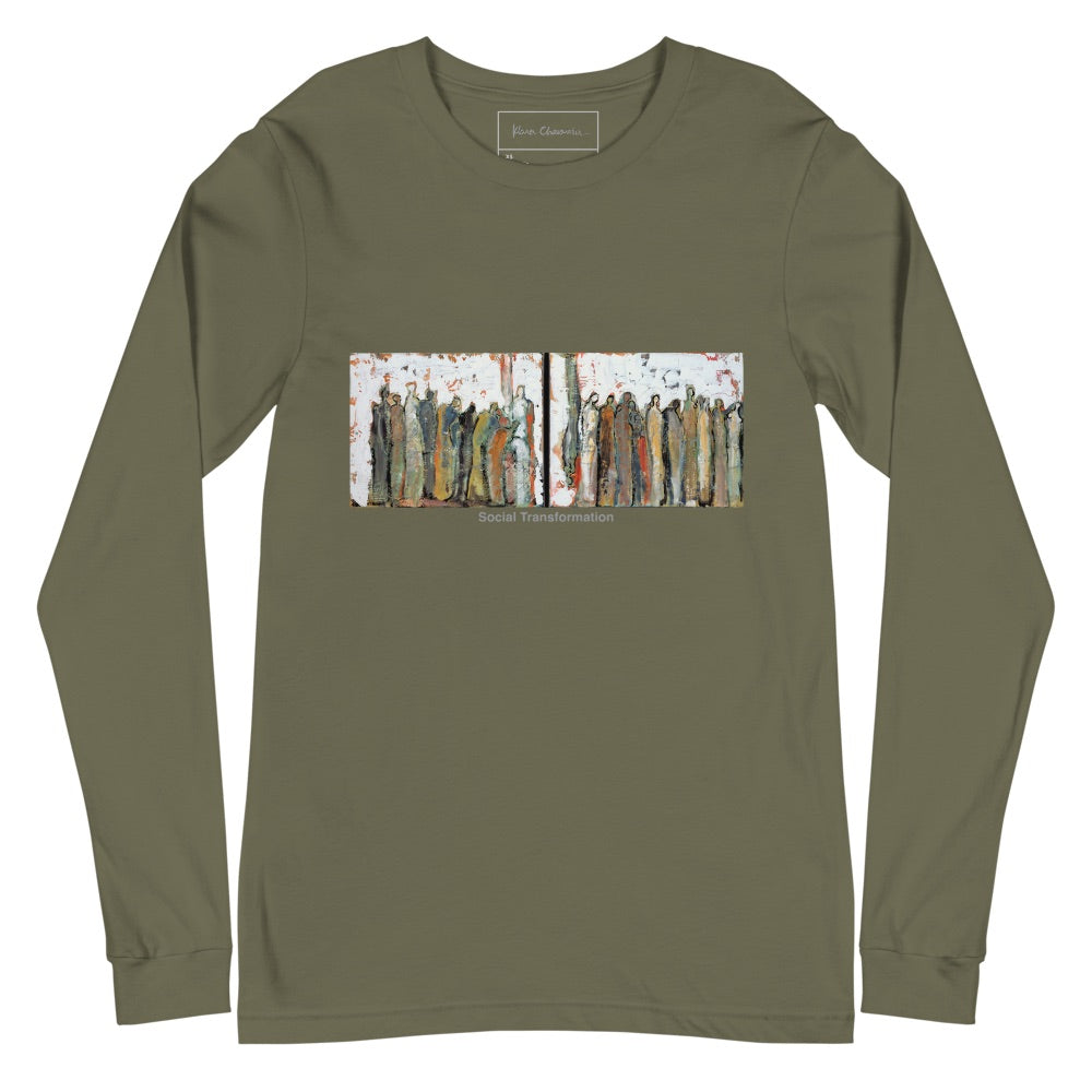 SOCIAL TRANSFORMATION unisex long sleeve tee in Military Green – flat front with inside label, art by Klara Chavarría