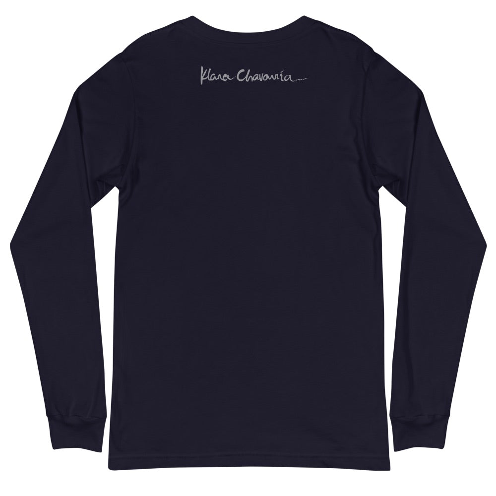 SOCIAL TRANSFORMATION unisex long sleeve tee in Navy – flat back with signature, art by Klara Chavarría