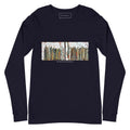 SOCIAL TRANSFORMATION unisex long sleeve tee in Navy – flat front with inside label, art by Klara Chavarría