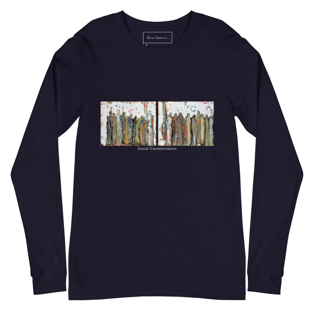 SOCIAL TRANSFORMATION unisex long sleeve tee in Navy – flat front with inside label, art by Klara Chavarría