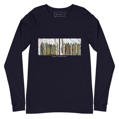 SOCIAL TRANSFORMATION unisex long sleeve tee in Navy – flat front with inside label, art by Klara Chavarría