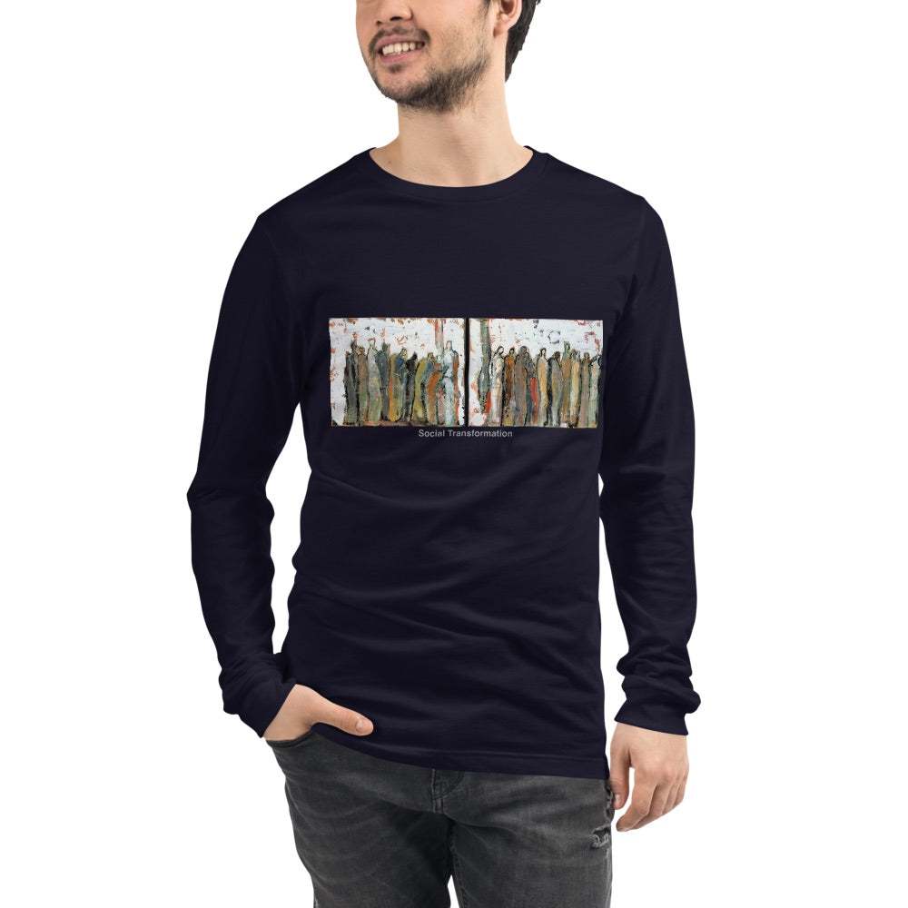 SOCIAL TRANSFORMATION unisex long sleeve tee in Navy – front on model, art by Klara Chavarría