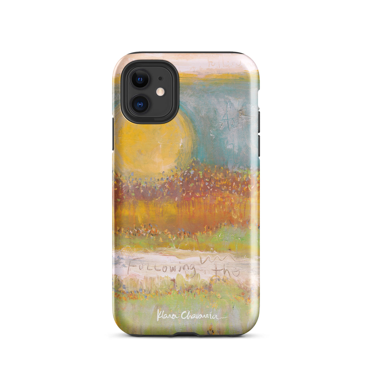 Glossy iPhone 11 case with a yellow sun over orange fields, FOLLOWING THE SUN by Klara Chavarría