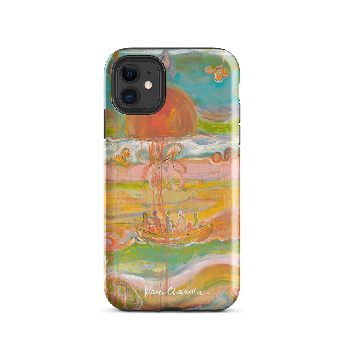 Glossy iPhone 11 case with figures in a boat under an orange sun, GARDEN OF ILLUSIONS by Klara Chavarría