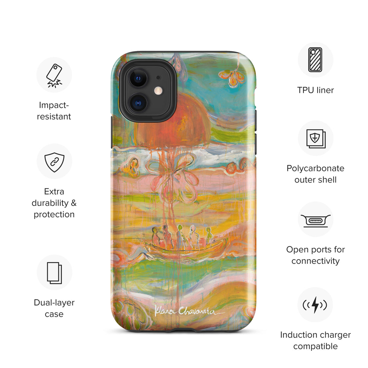 Boat painting phone case with feature icons: impact-resistant, TPU liner, dual-layer, charging (Glossy)