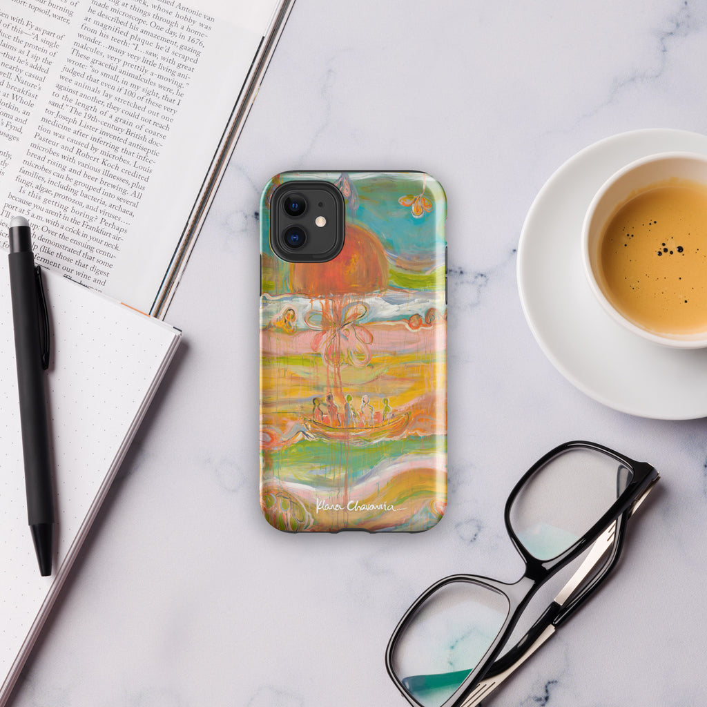 Boat and orange sun phone case on marble beside an open book, pen, coffee cup and glasses (Glossy)