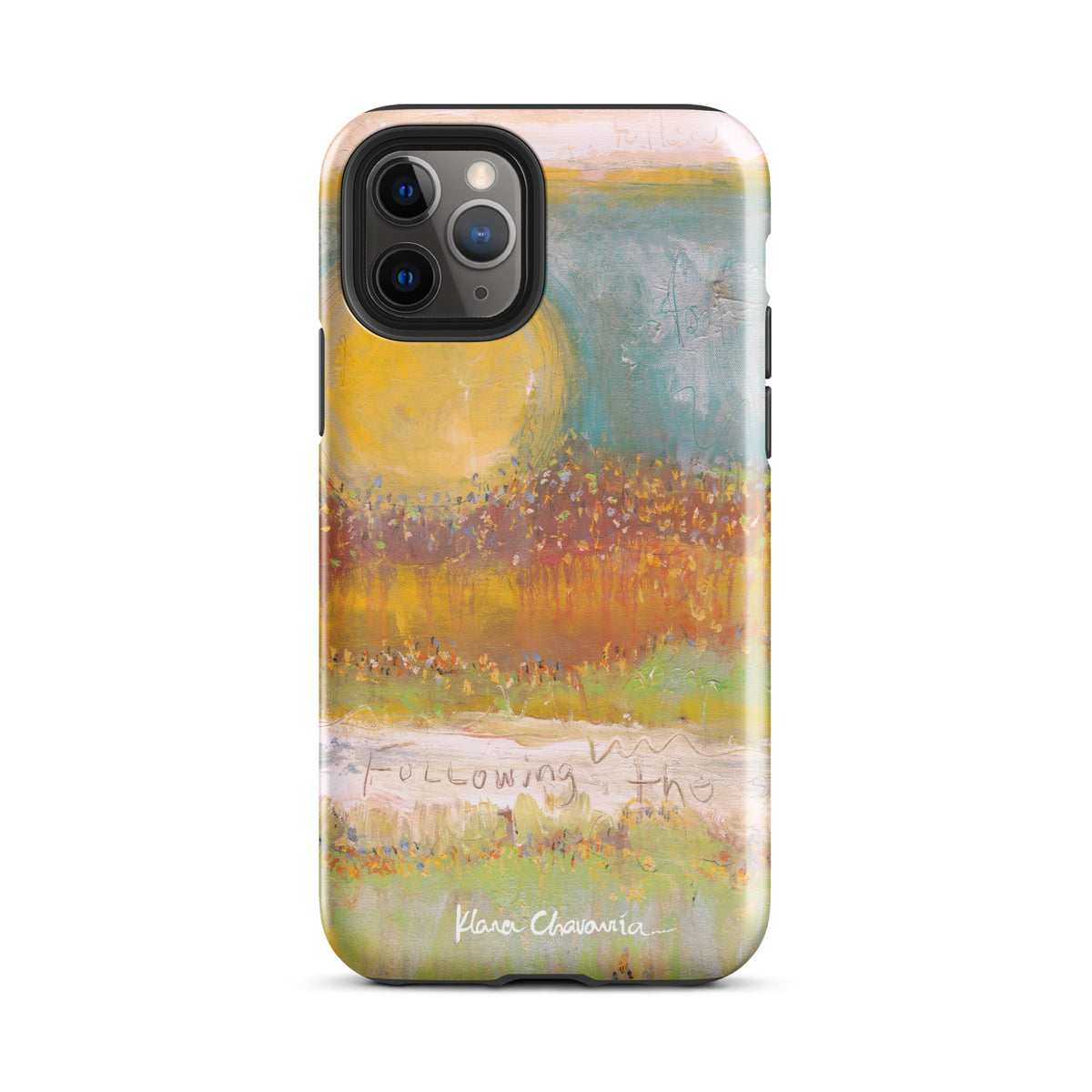 Glossy iPhone 11 Pro tough case with a painting of a yellow sun over orange fields and Following text