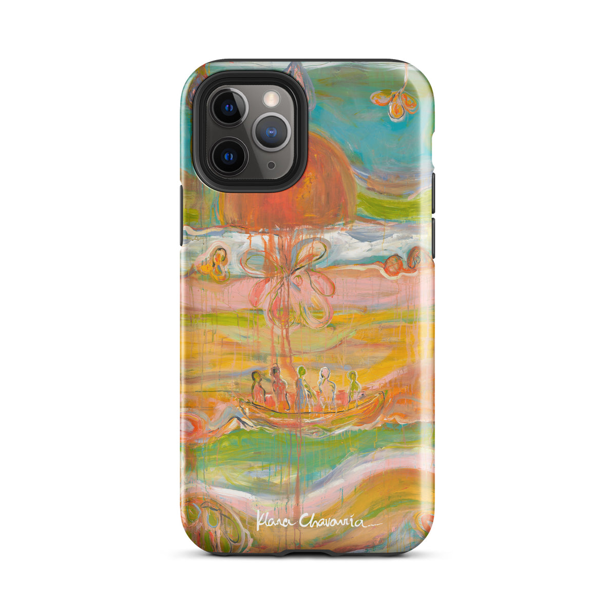 Glossy iPhone 11 Pro tough case with a painting of figures in a boat under an orange sun
