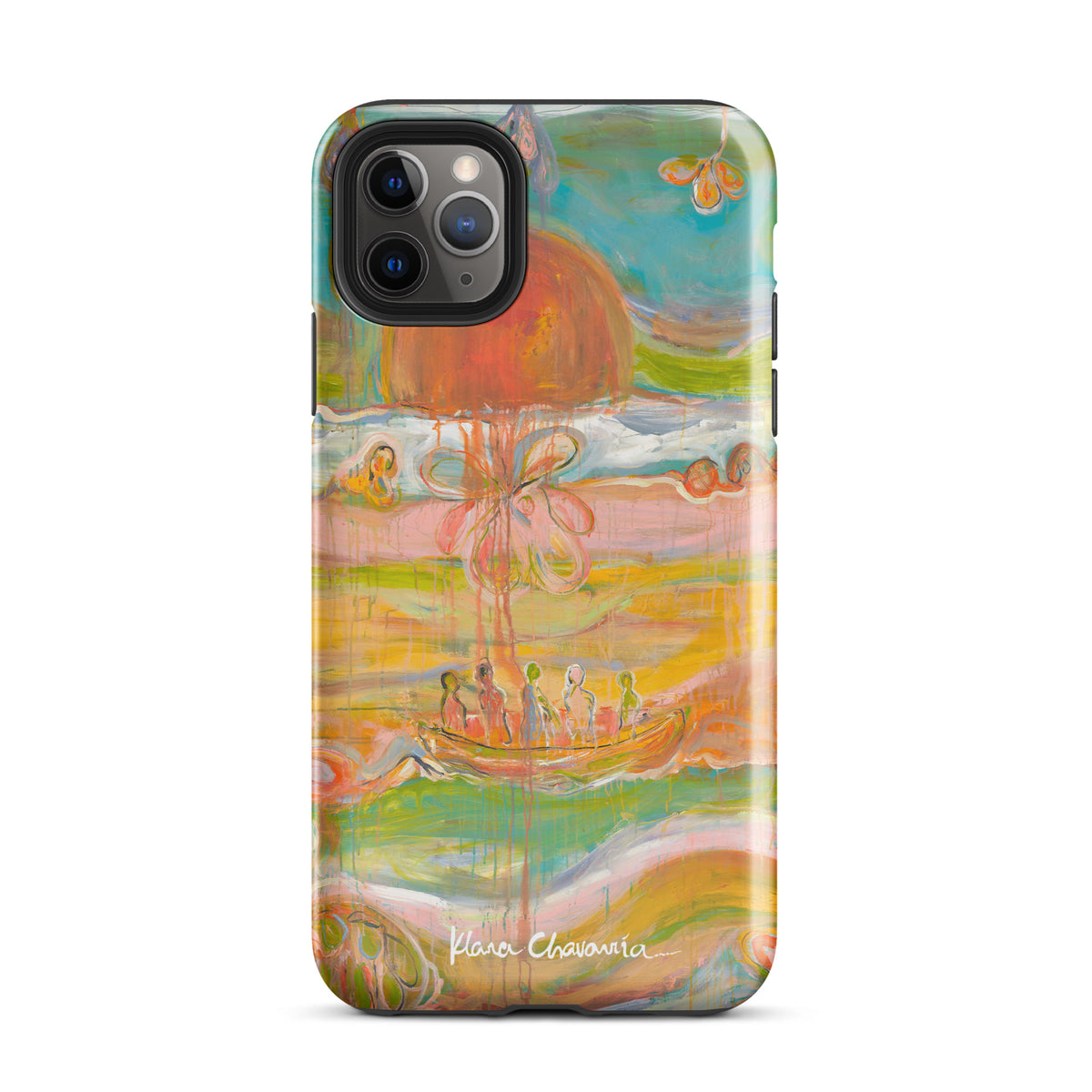 Glossy iPhone 11 Pro Max tough case with a painting of figures in a boat under an orange sun