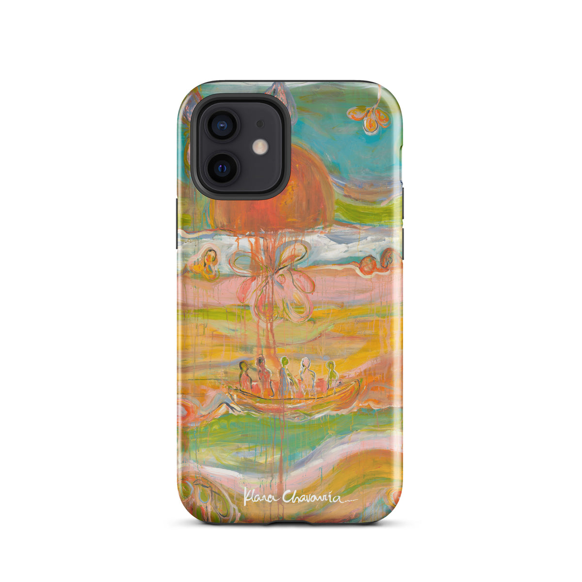 Glossy iPhone 12 tough case with a painting of figures in a boat under an orange sun