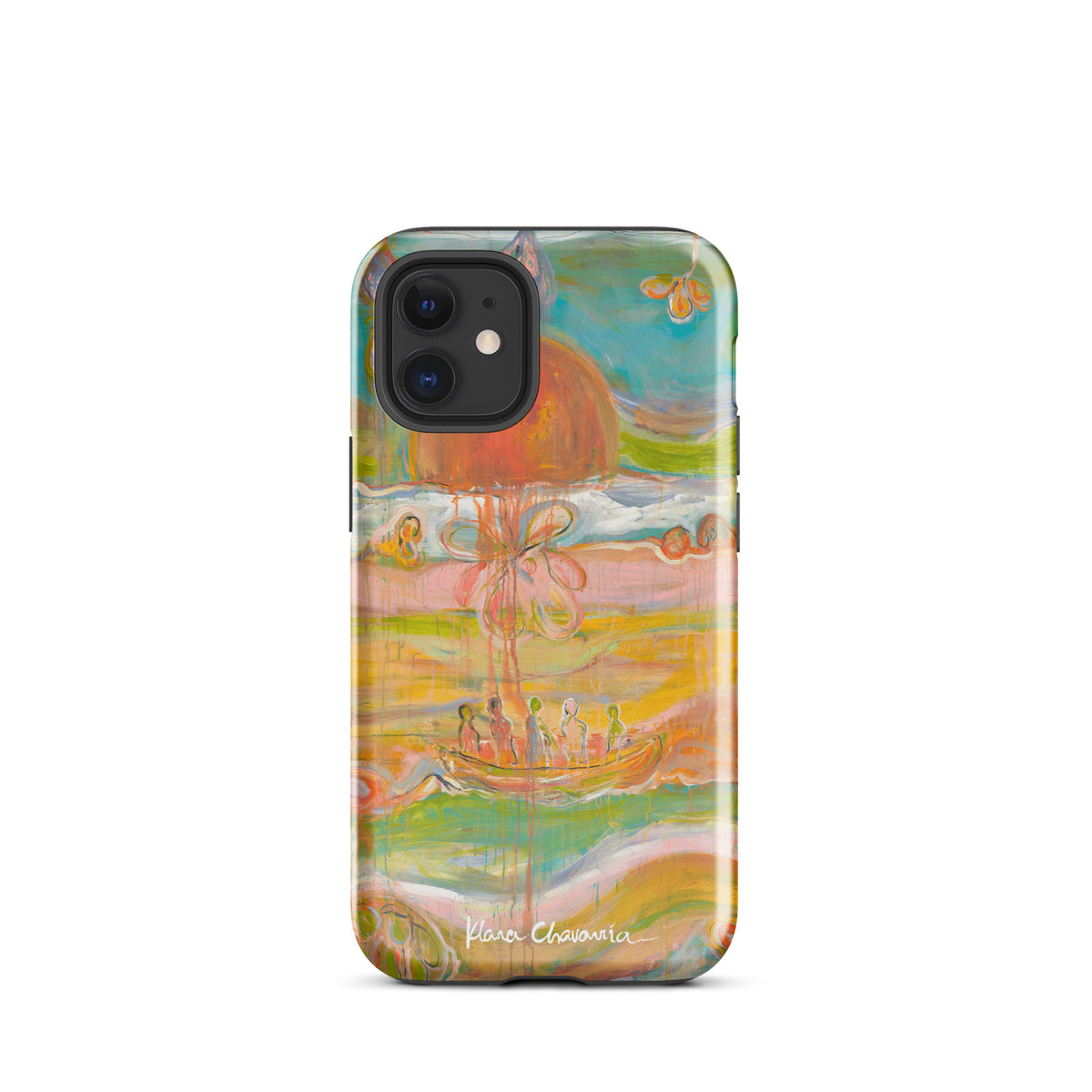 Glossy iPhone 12 mini tough case with a painting of figures in a boat under an orange sun