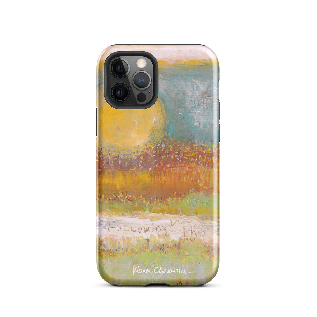 Glossy iPhone 12 Pro tough case with a painting of a yellow sun over orange fields and Following text