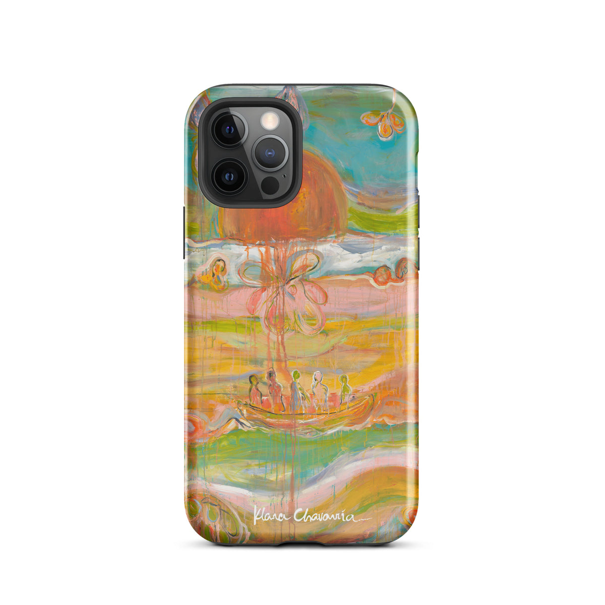 Glossy iPhone 12 Pro tough case with a painting of figures in a boat under an orange sun