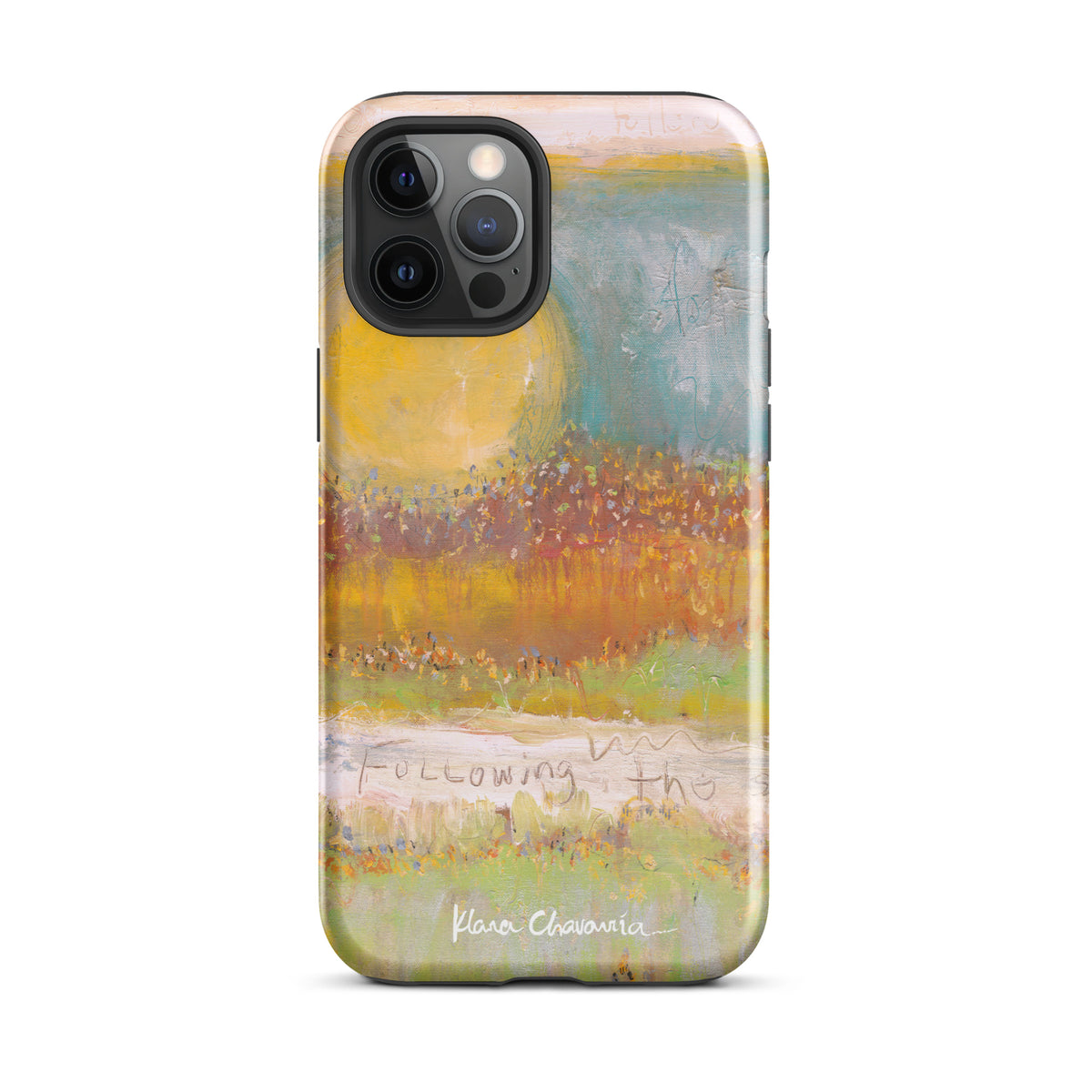 Glossy iPhone 12 Pro Max tough case with a painting of a yellow sun over orange fields and Following text