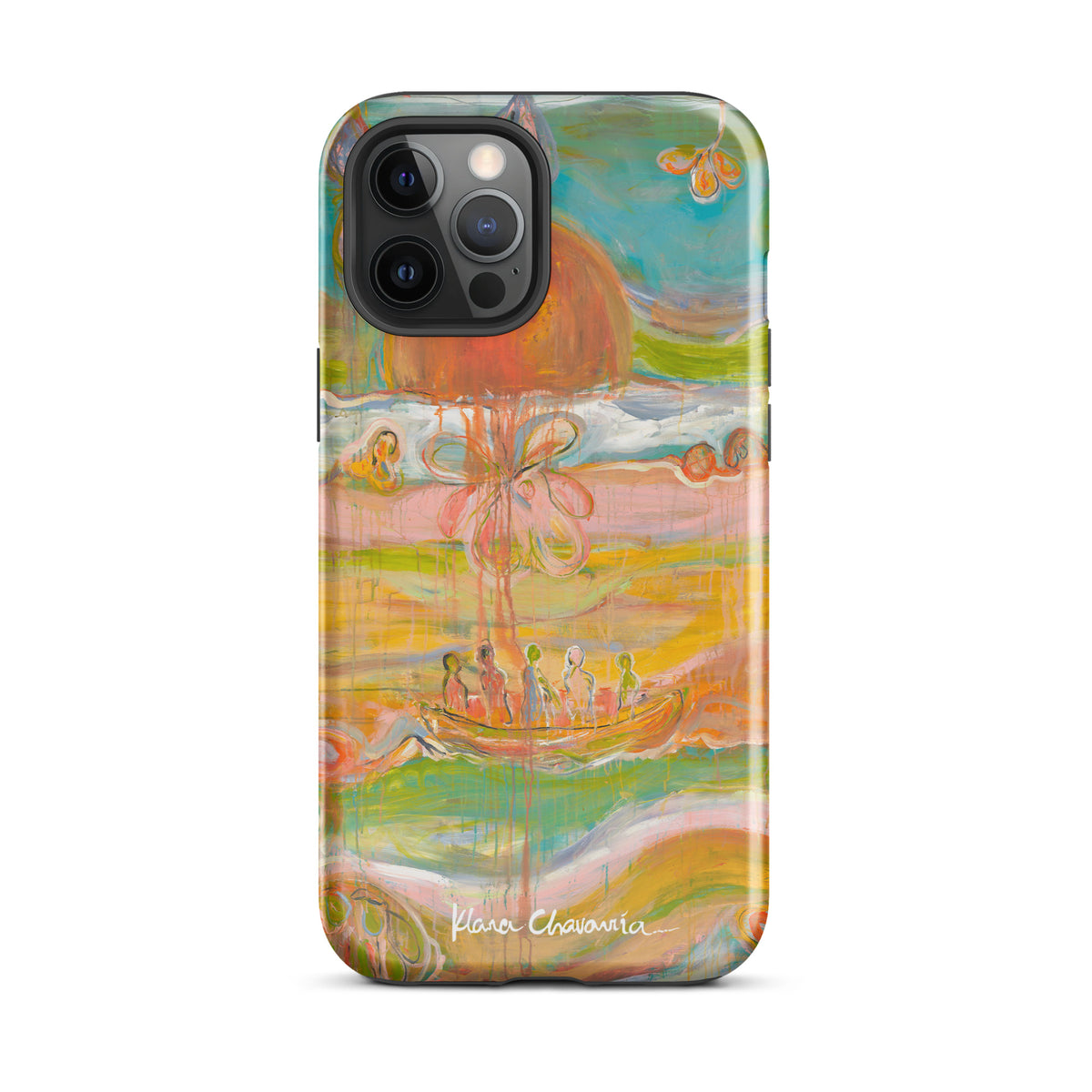 Glossy iPhone 12 Pro Max tough case with a painting of figures in a boat under an orange sun