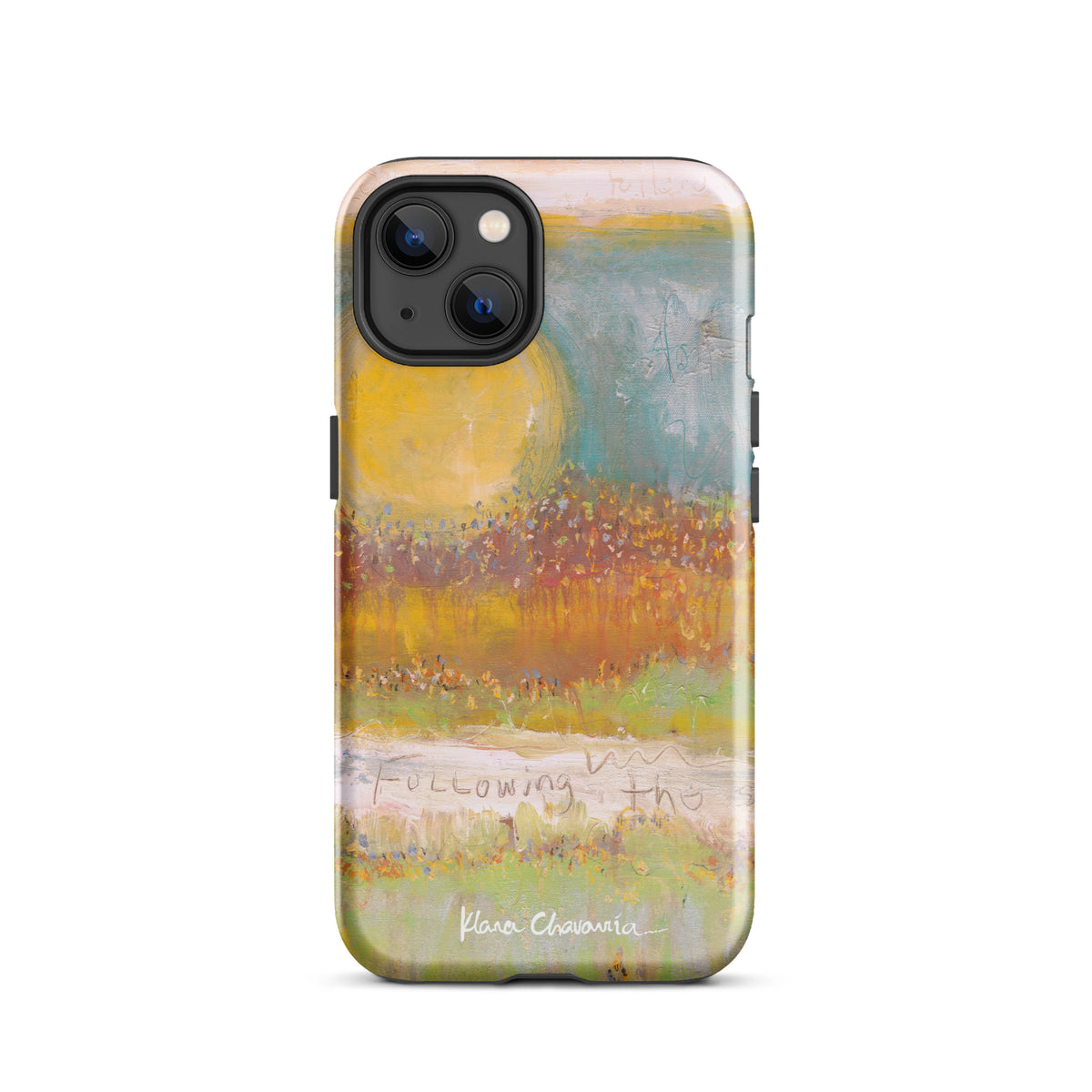 Glossy iPhone 13 tough case with a painting of a yellow sun over orange fields and Following text