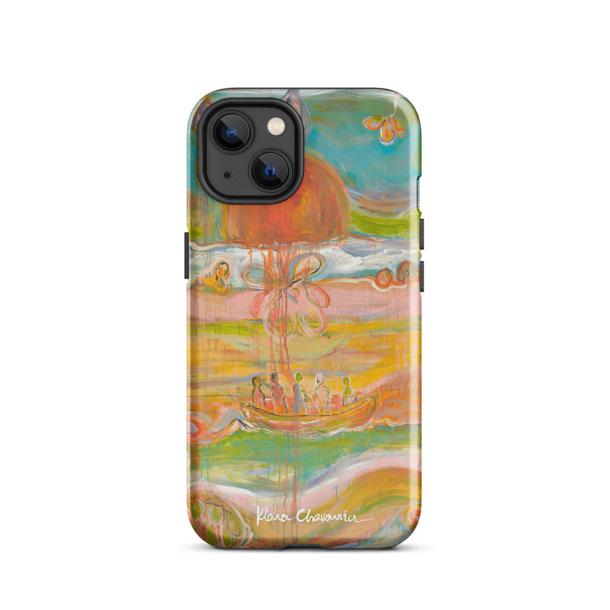 Glossy iPhone 13 tough case with a painting of figures in a boat under an orange sun