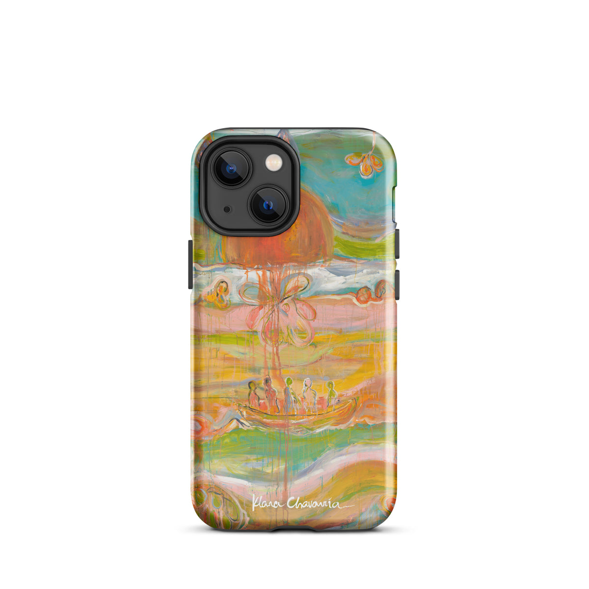 Glossy iPhone 13 mini tough case with a painting of figures in a boat under an orange sun