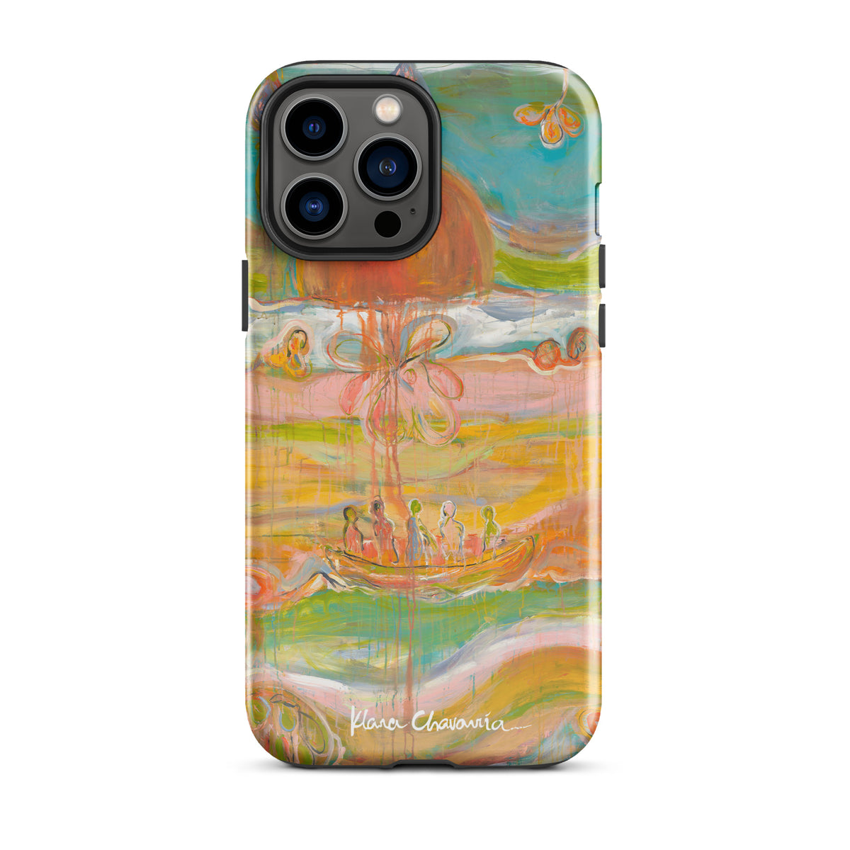 Glossy iPhone 13 Pro Max tough case with a painting of figures in a boat under an orange sun